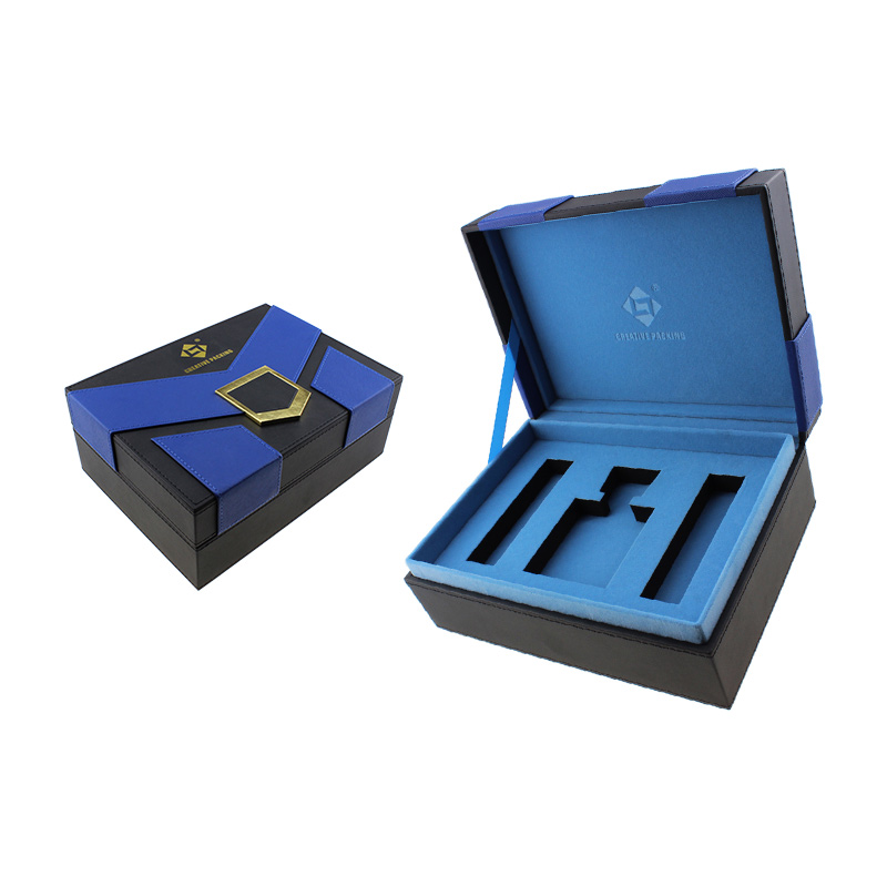Luxury Classy Cardboard Surprise Custom Logo Blue Three Bottles Leather Perfume Gift Box Package  Factory