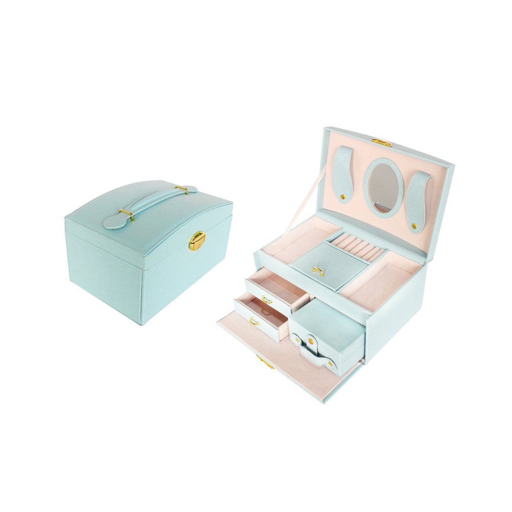 Blue Pu Jewelry Packaging Box With Key Handmade Jewelry Display Organizer Box With HD Mirror
