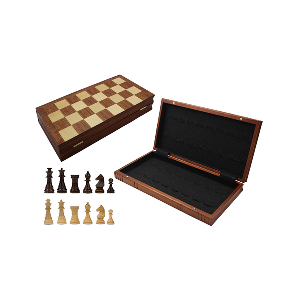 Folding Inlaid Wooden Chess And Checker Set With Wooden Pieces